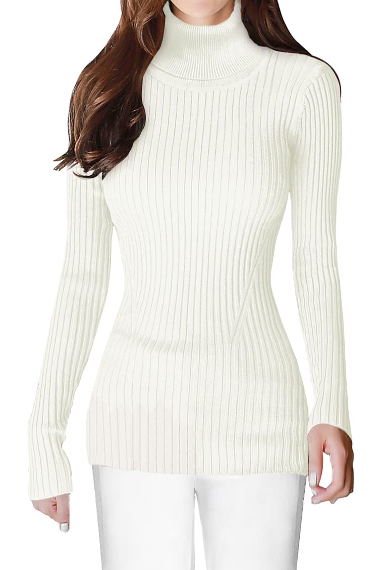 v28 Women Stretchable Turtleneck Knit Long Sleeve Slim Fit Sweater (M,White) - Image 2